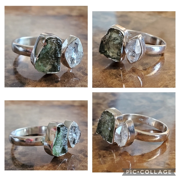 Genuine Czech Moldavite and Herkimer Diamond Ring Size 6 Adjustable - Picture 7 of 8